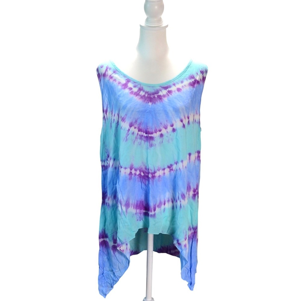 Handmade Tie Dye Handkerchief Hem Tunic Tank Casual Summer Blue Purple XXL Rayon